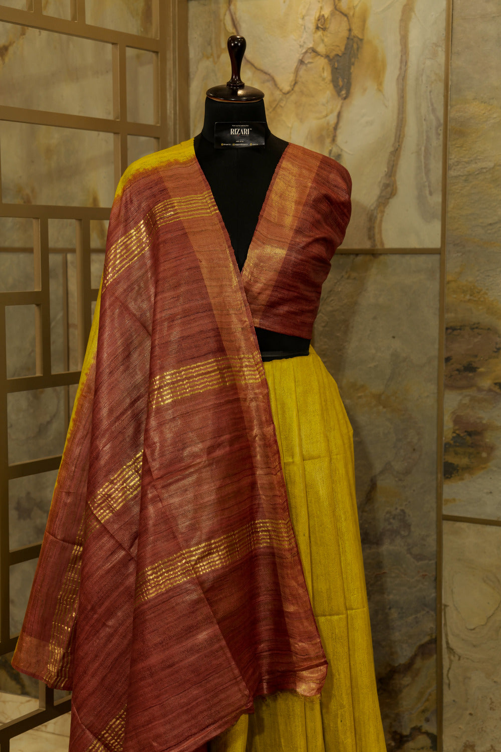 Olive Green & Brown Tussar Ghicha  Saree