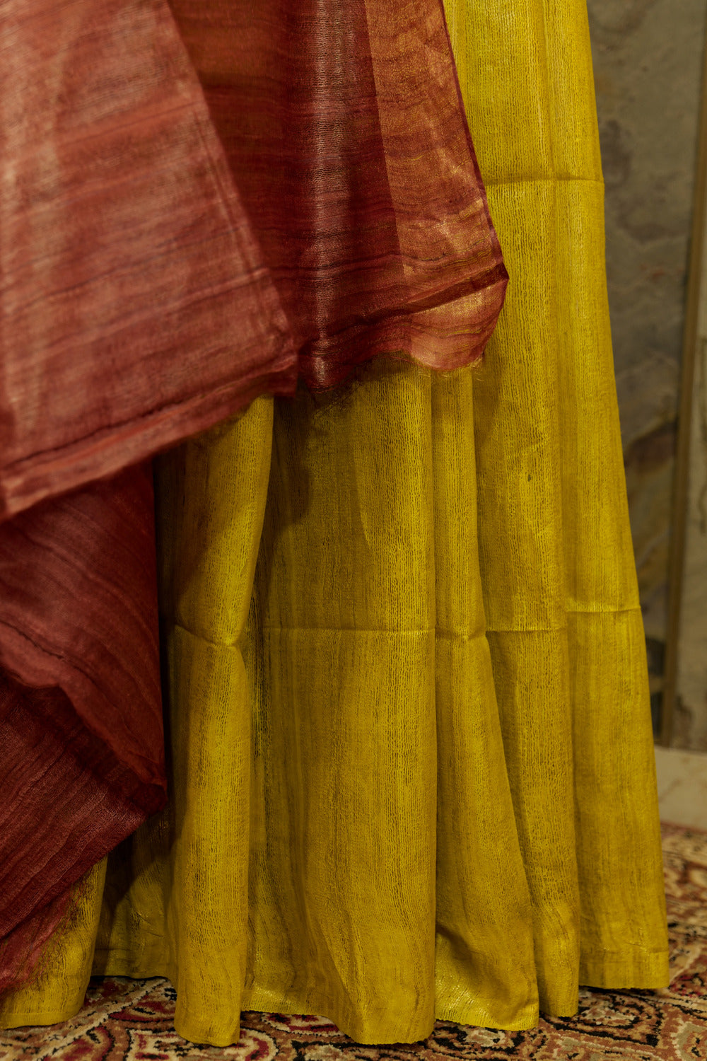 Olive Green & Brown Tussar Ghicha  Saree