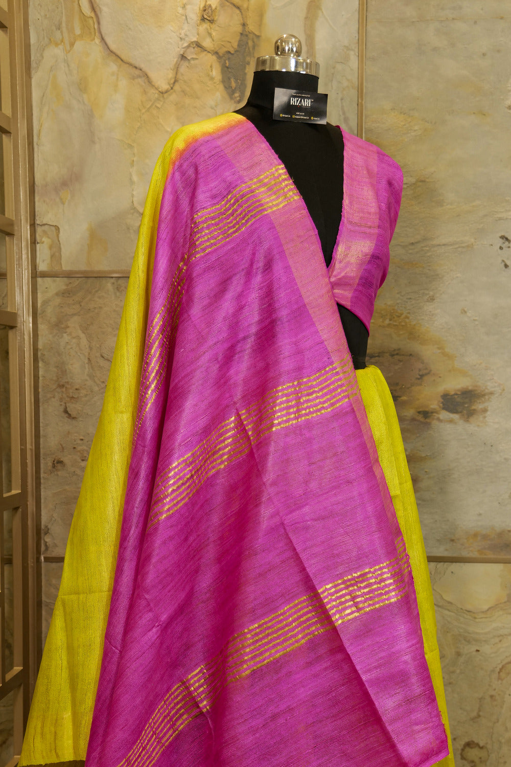 Bright Green and Pink Tussar Ghicha Saree