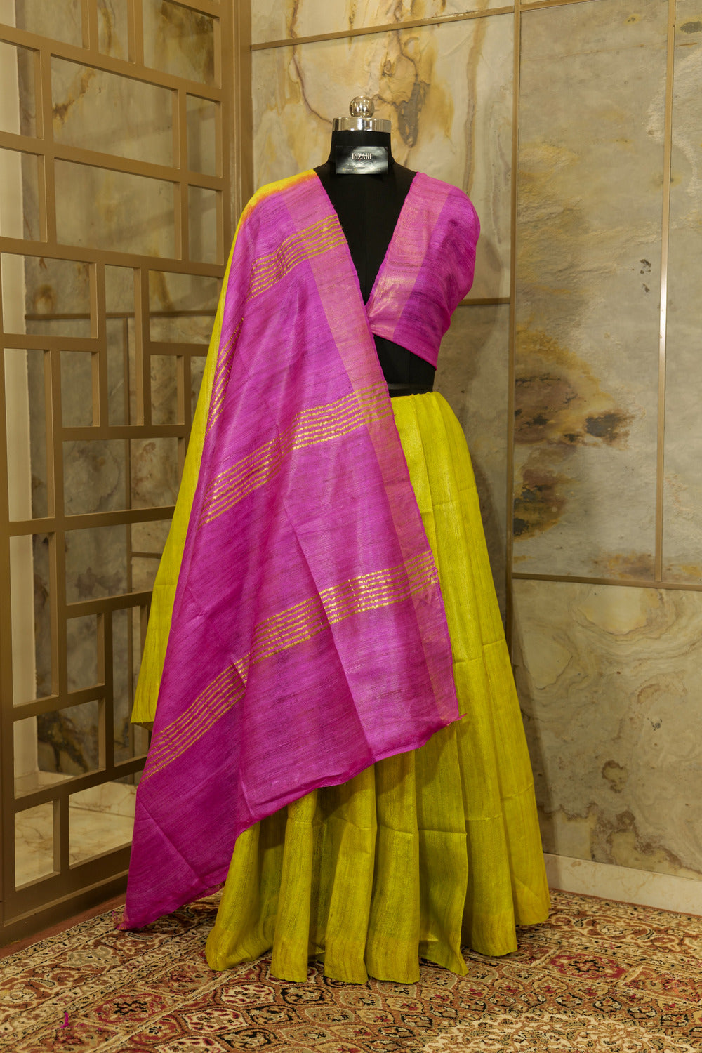 Bright Green and Pink Tussar Ghicha Saree