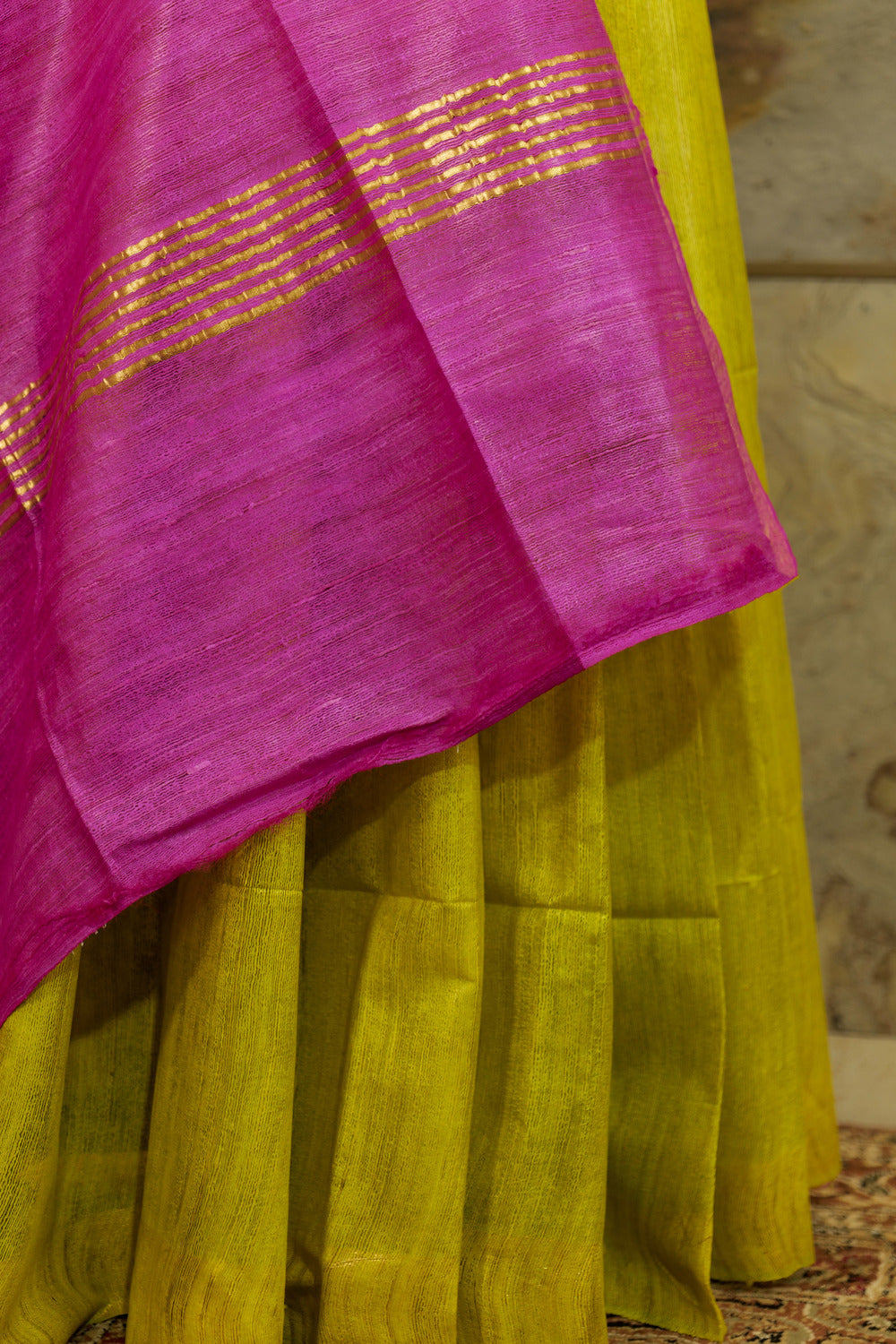 Bright Green and Pink Tussar Ghicha Saree