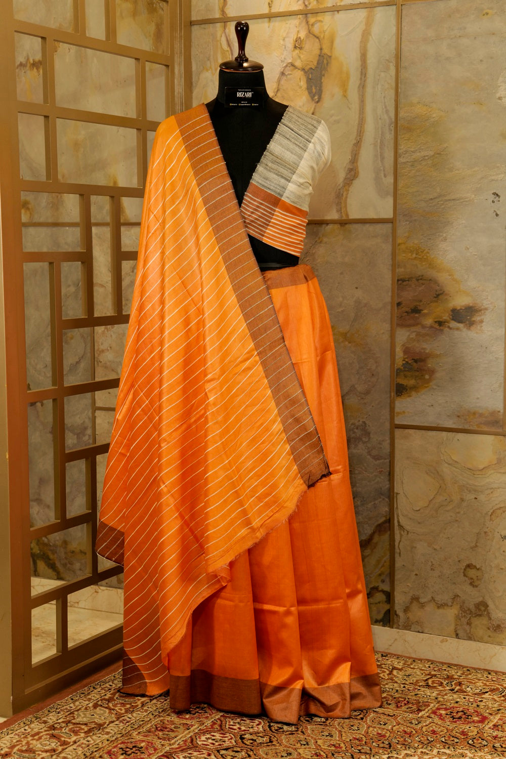 Orange Saree with Off White Ghicha Pallu and Brown border