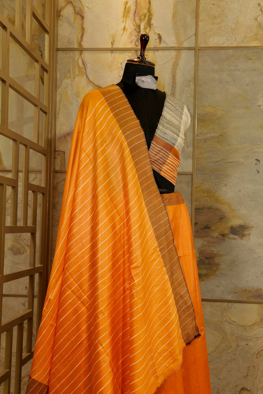 Orange Saree with Off White Ghicha Pallu and Brown border