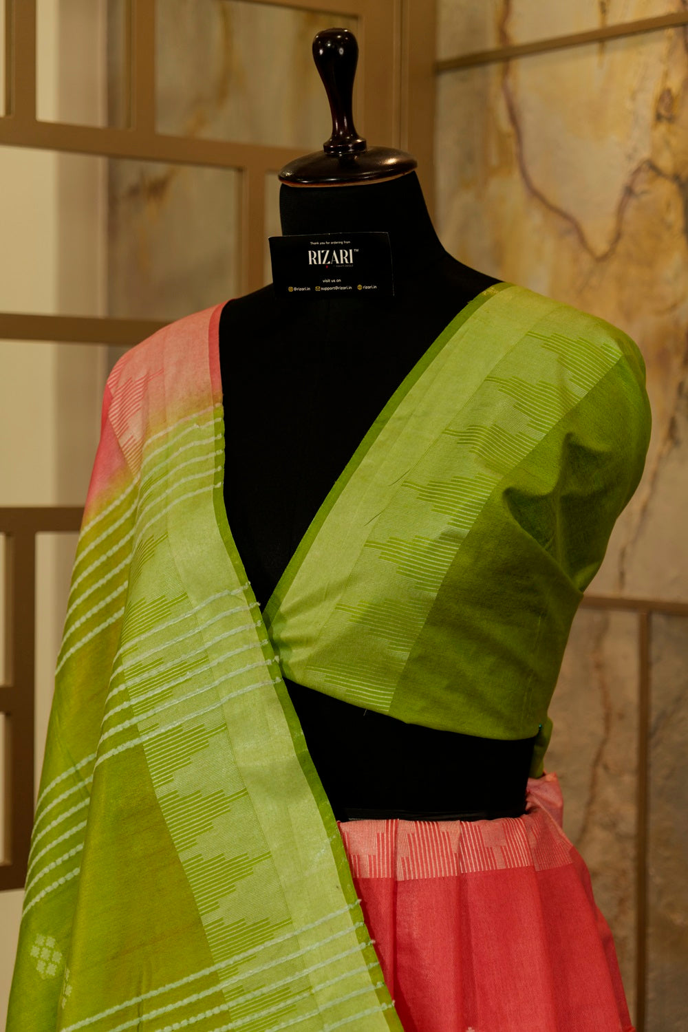 Pink Saree with weaving all over & light Green shade Pallu