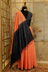 Peach Saree with Dark Blue contrast sequin Pallu, vertical striped weaved all over saree