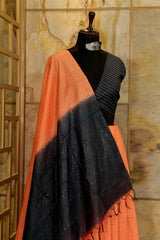 Peach Saree with Dark Blue contrast sequin Pallu, vertical striped weaved all over saree