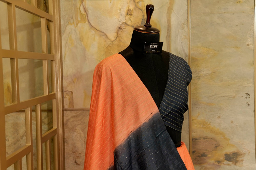 Peach Saree with Dark Blue contrast sequin Pallu, vertical striped weaved all over saree