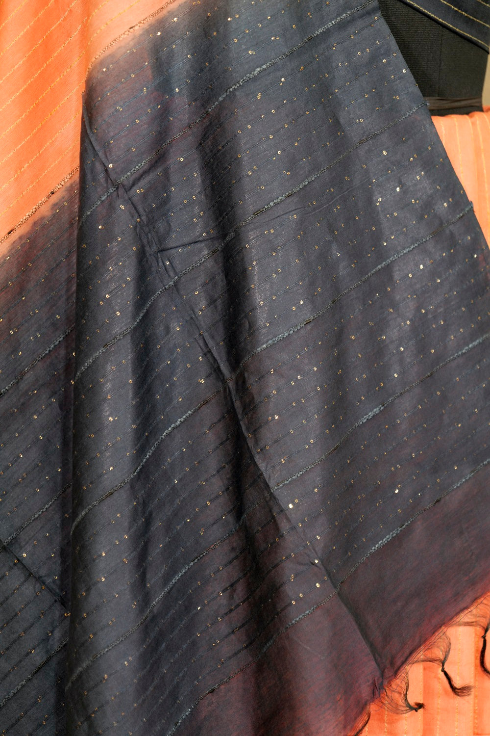 Peach Saree with Dark Blue contrast sequin Pallu, vertical striped weaved all over saree