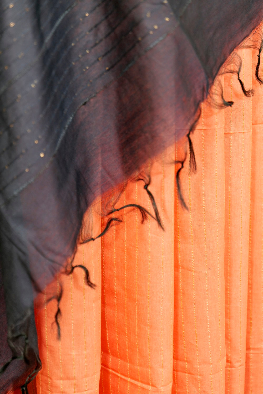 Peach Saree with Dark Blue contrast sequin Pallu, vertical striped weaved all over saree