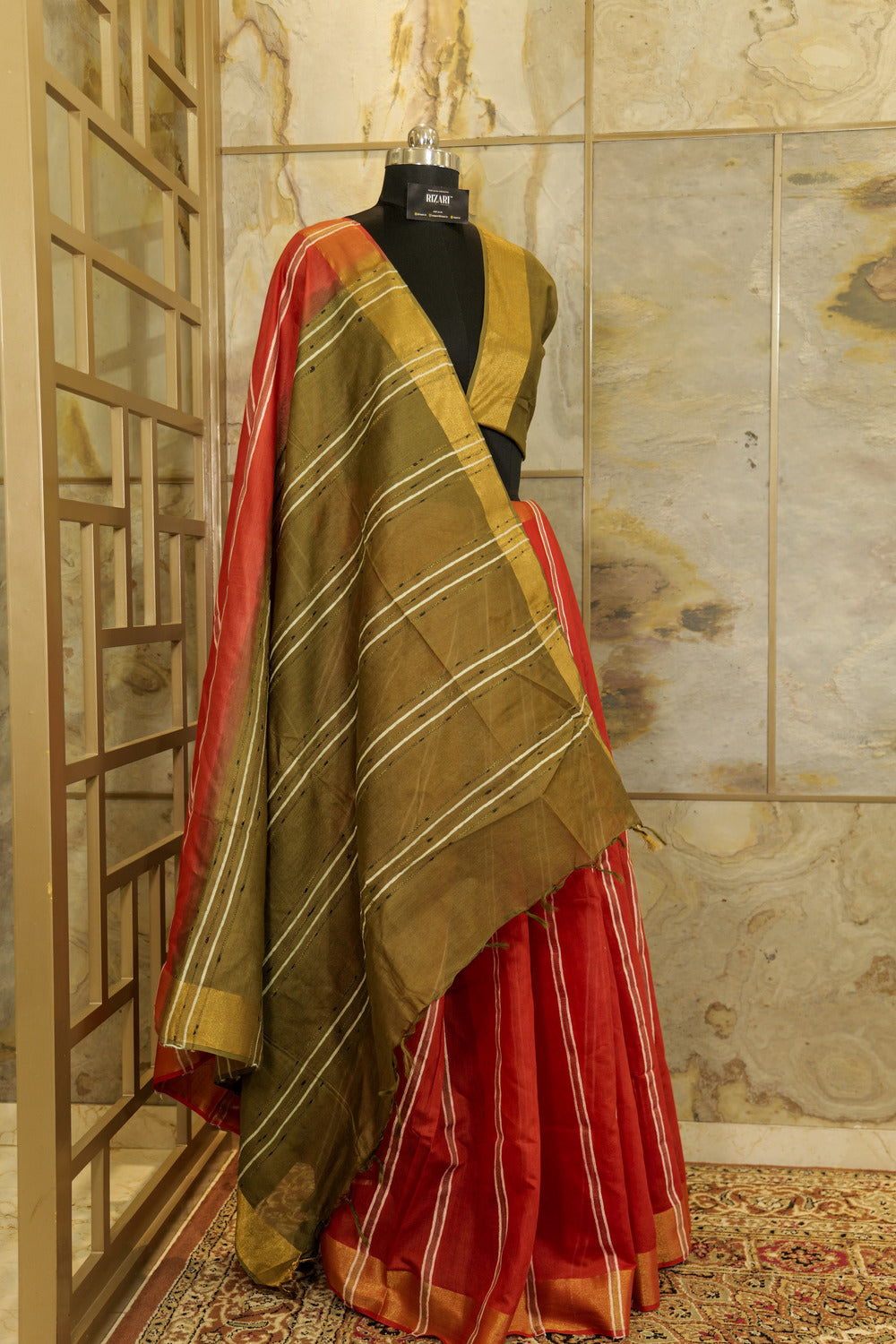 Crimson Saree with vertical Stripes & Military Green Pallu