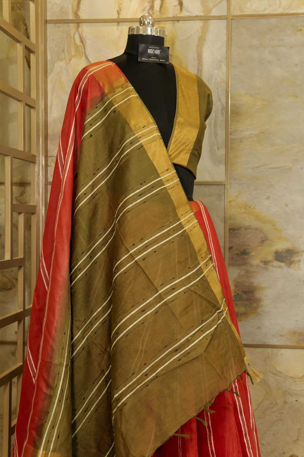 Crimson Saree with vertical Stripes & Military Green Pallu