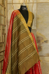 Crimson Saree with vertical Stripes & Military Green Pallu