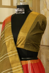 Crimson Saree with vertical Stripes & Military Green Pallu