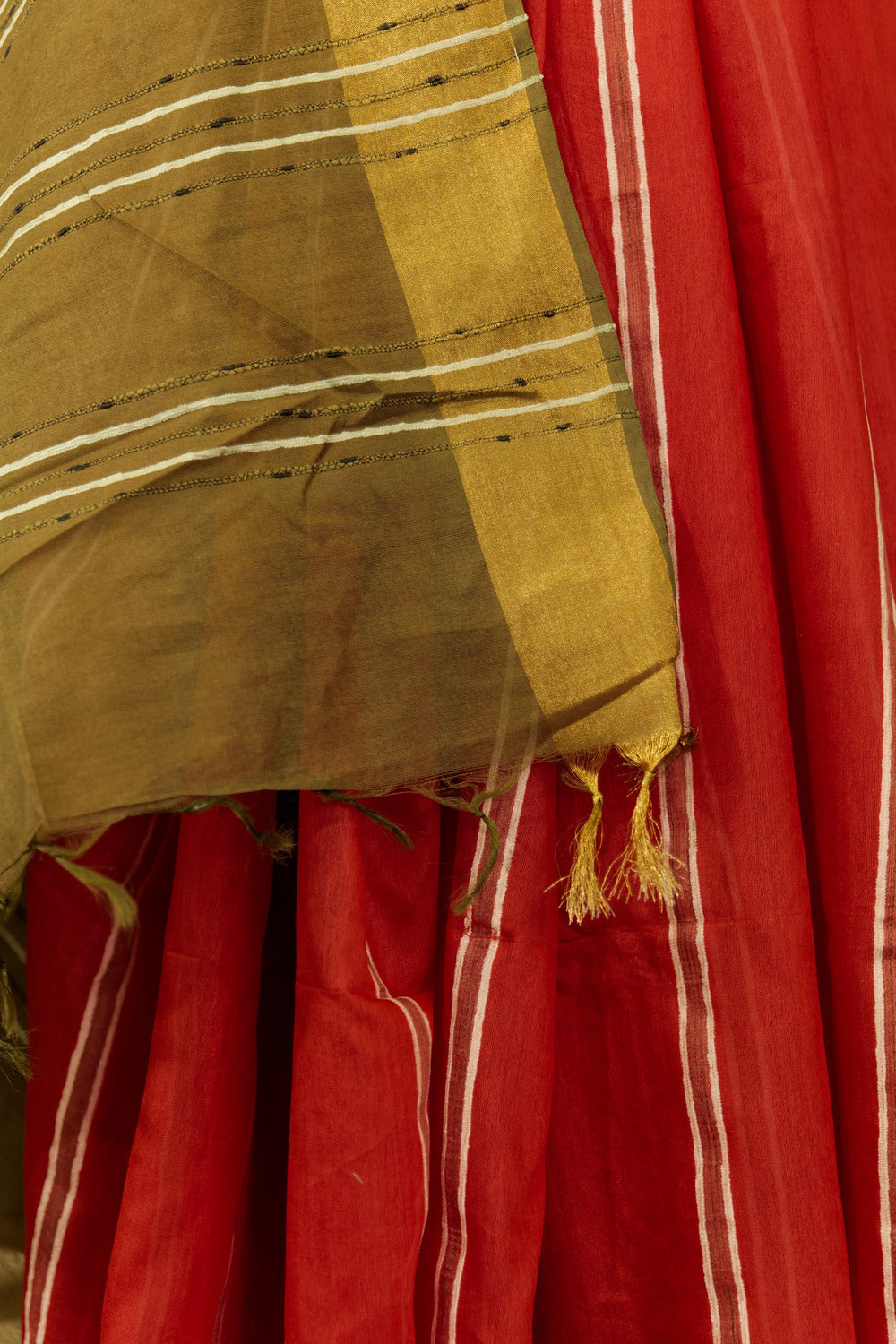 Crimson Saree with vertical Stripes & Military Green Pallu