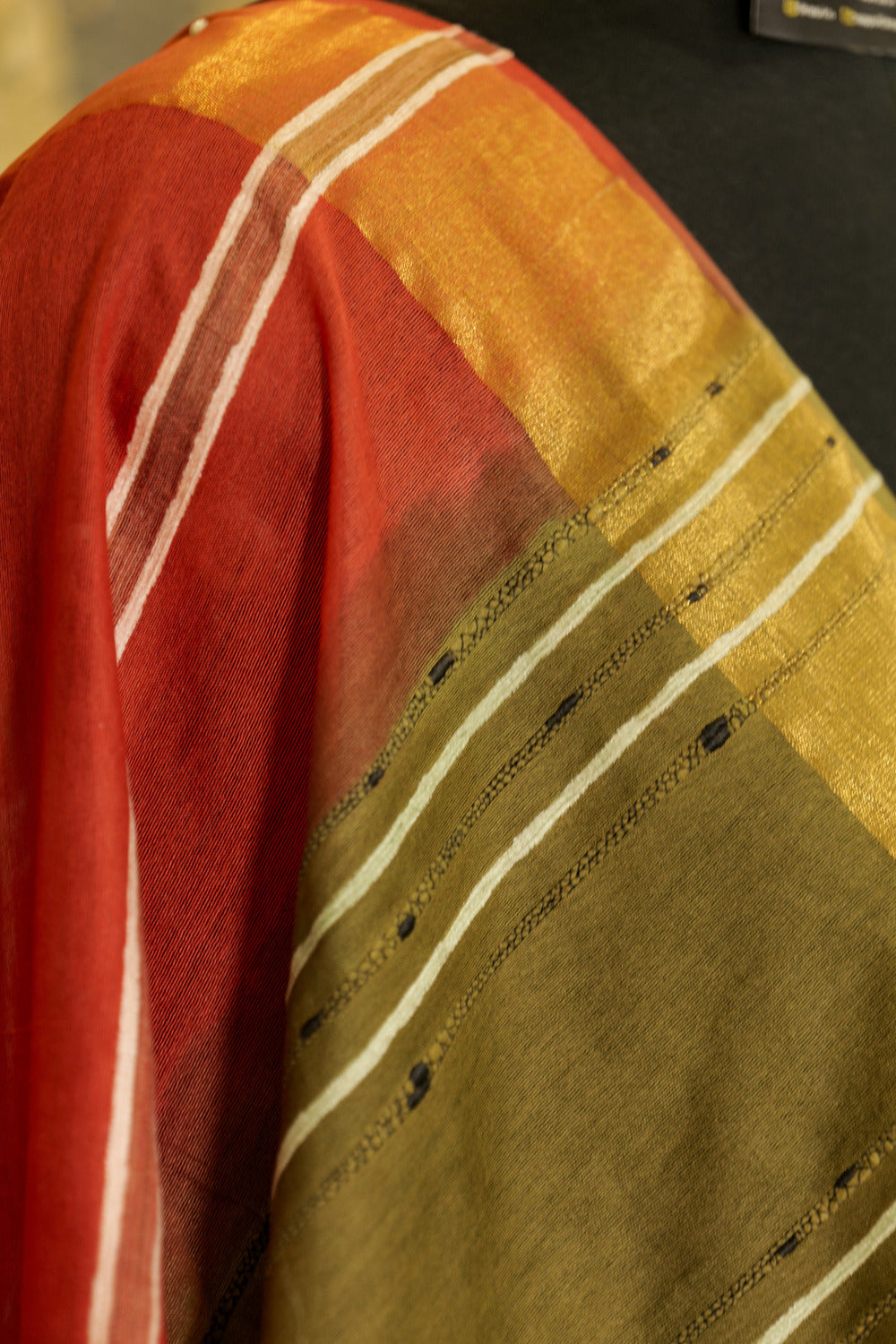 Crimson Saree with vertical Stripes & Military Green Pallu