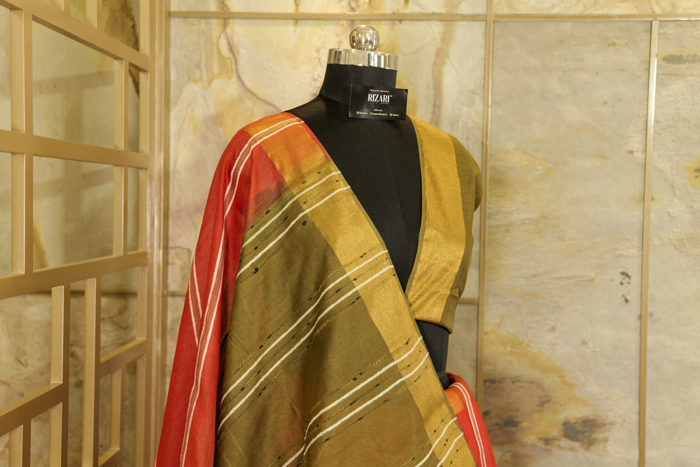 Crimson Saree with vertical Stripes & Military Green Pallu