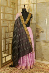 Light Pink Saree with vertical stripes, copper Jari borders  and black  Pallu