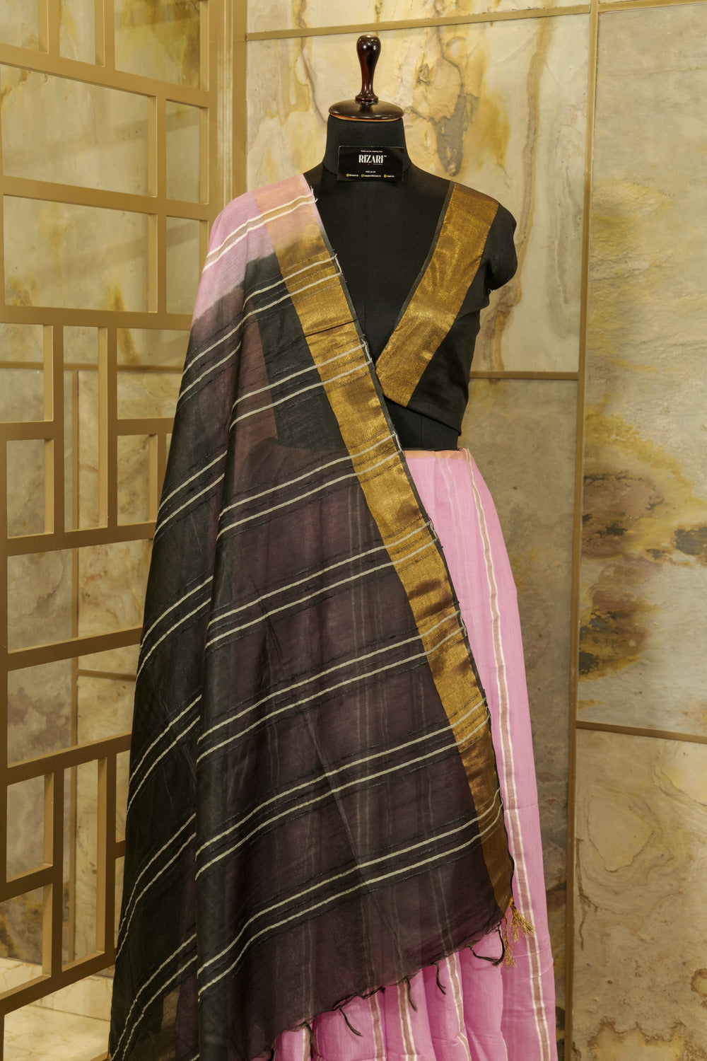 Light Pink Saree with vertical stripes, copper Jari borders  and black  Pallu