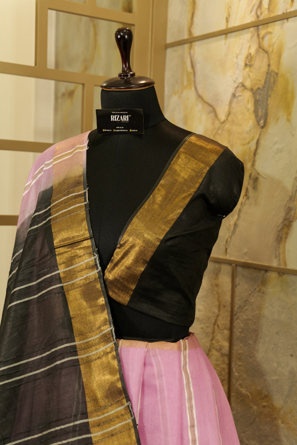 Light Pink Saree with vertical stripes, copper Jari borders  and black  Pallu