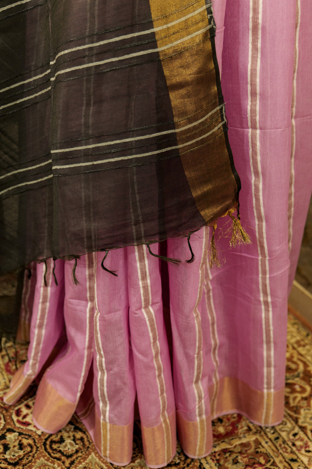 Light Pink Saree with vertical stripes, copper Jari borders  and black  Pallu