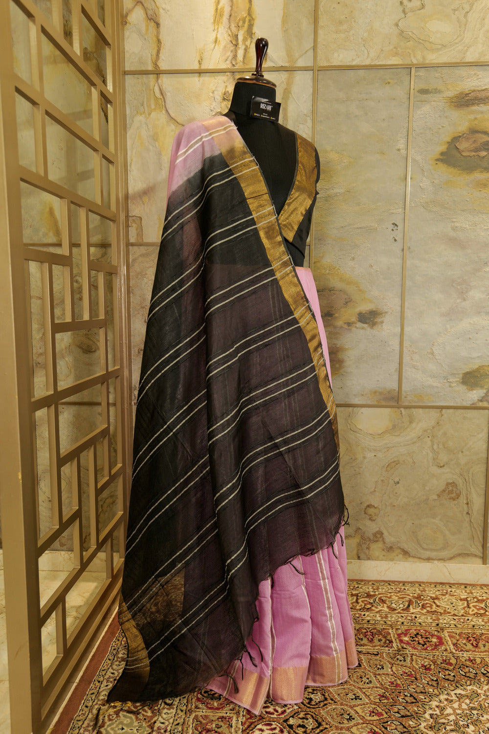 Light Pink Saree with vertical stripes, copper Jari borders  and black  Pallu