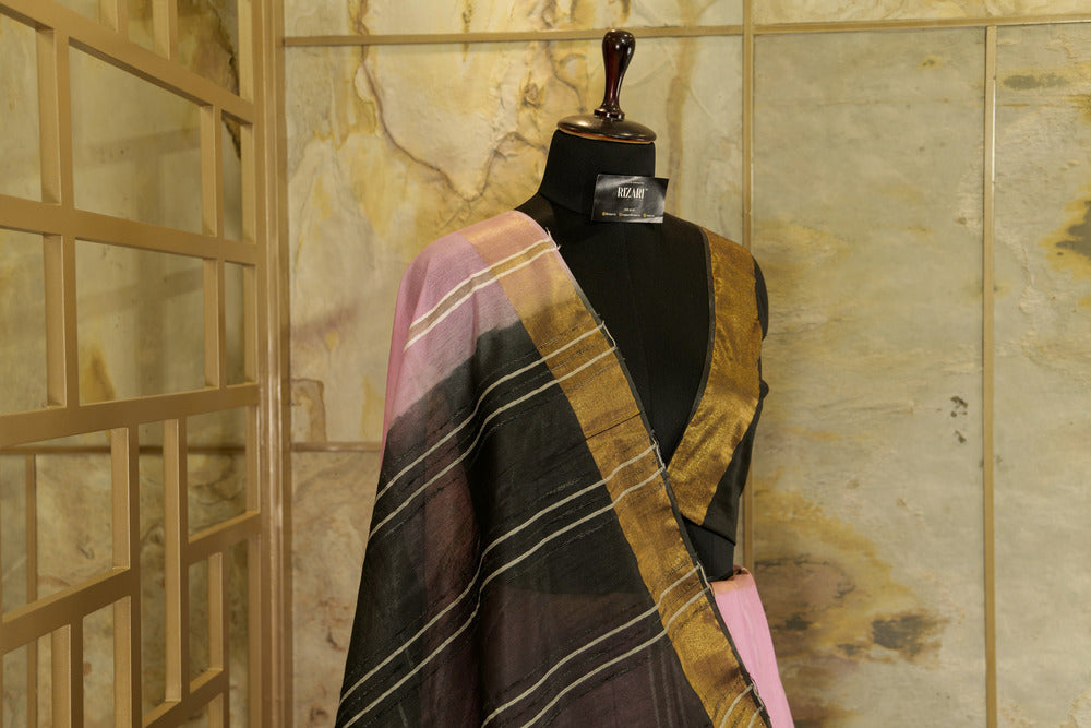 Light Pink Saree with vertical stripes, copper Jari borders  and black  Pallu