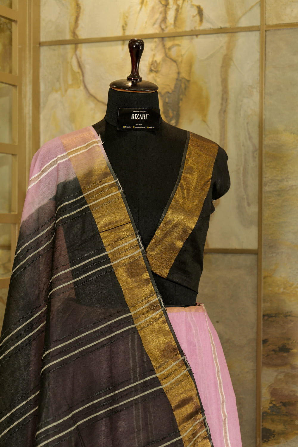 Light Pink Saree with vertical stripes, copper Jari borders  and black  Pallu