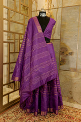 Purple Saree with Jari borders and horizontal Jari stripes and beautiful golden lining on Pallu with tasseled fringe