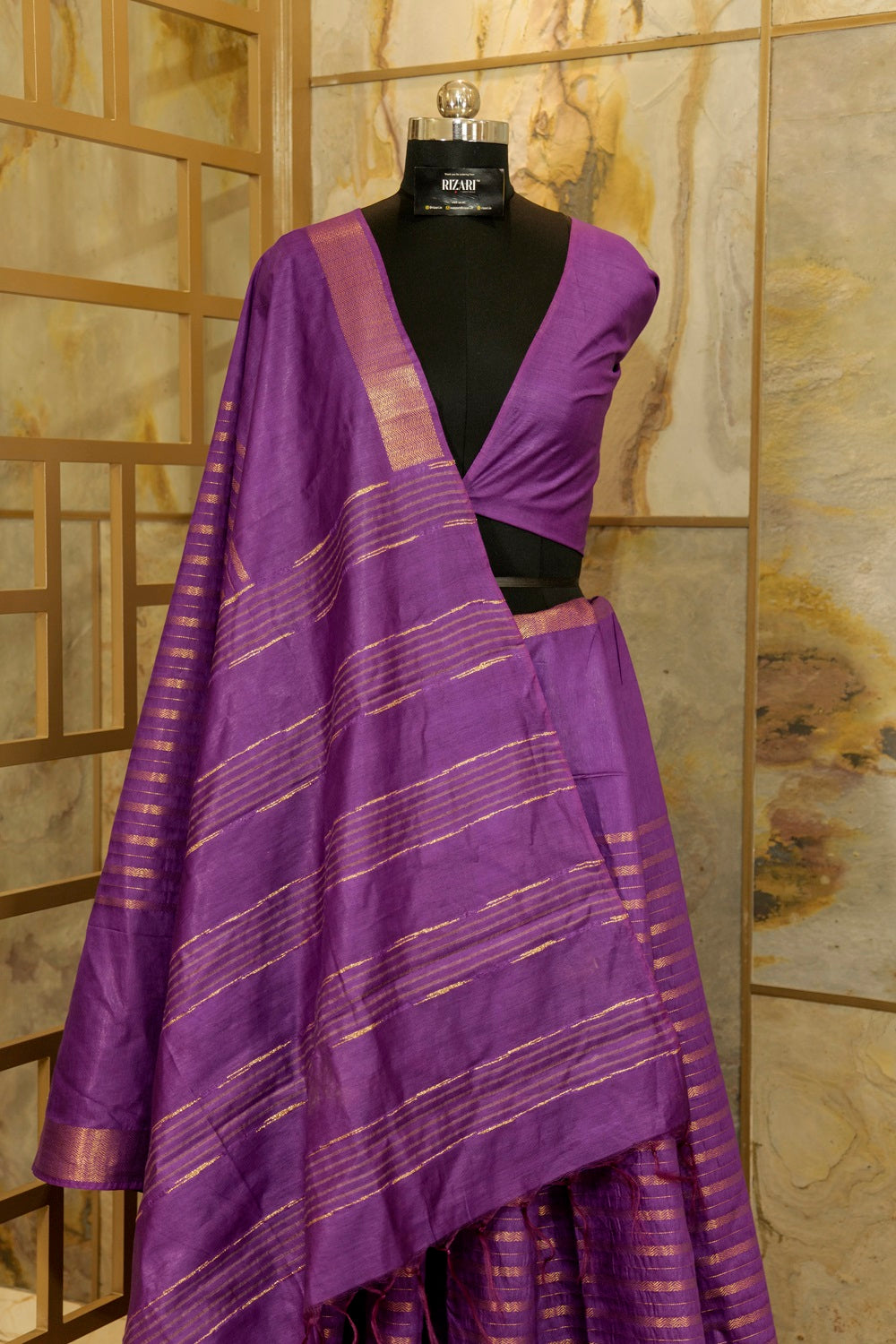 Purple Saree with Jari borders and horizontal Jari stripes and beautiful golden lining on Pallu with tasseled fringe