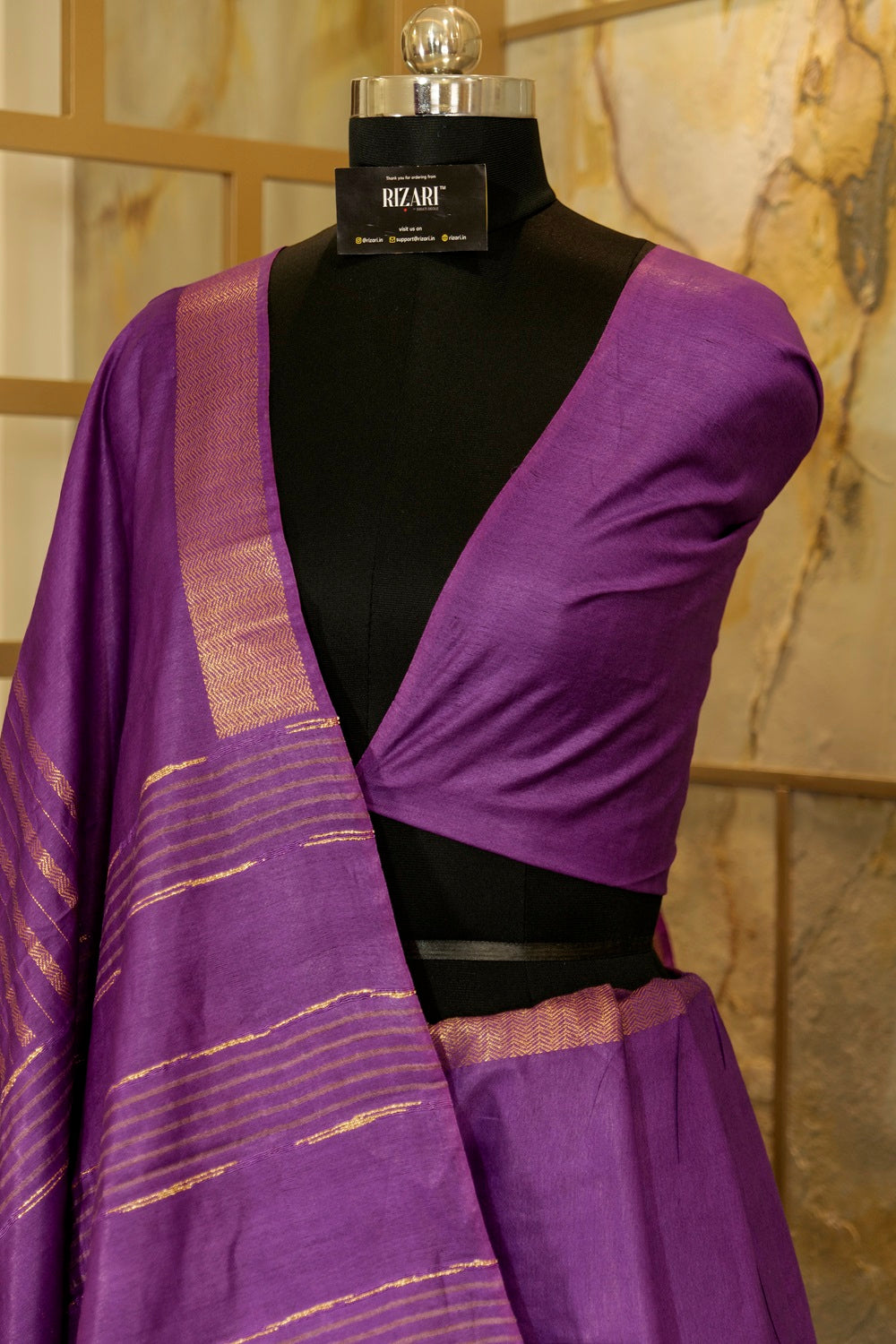 Purple Saree with Jari borders and horizontal Jari stripes and beautiful golden lining on Pallu with tasseled fringe