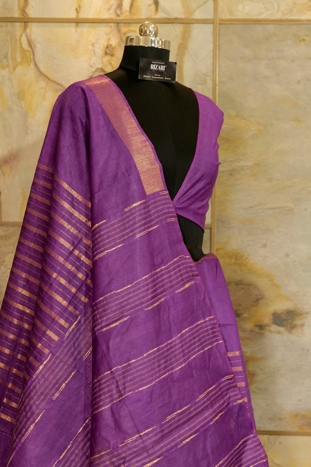 Purple Saree with Jari borders and horizontal Jari stripes and beautiful golden lining on Pallu with tasseled fringe