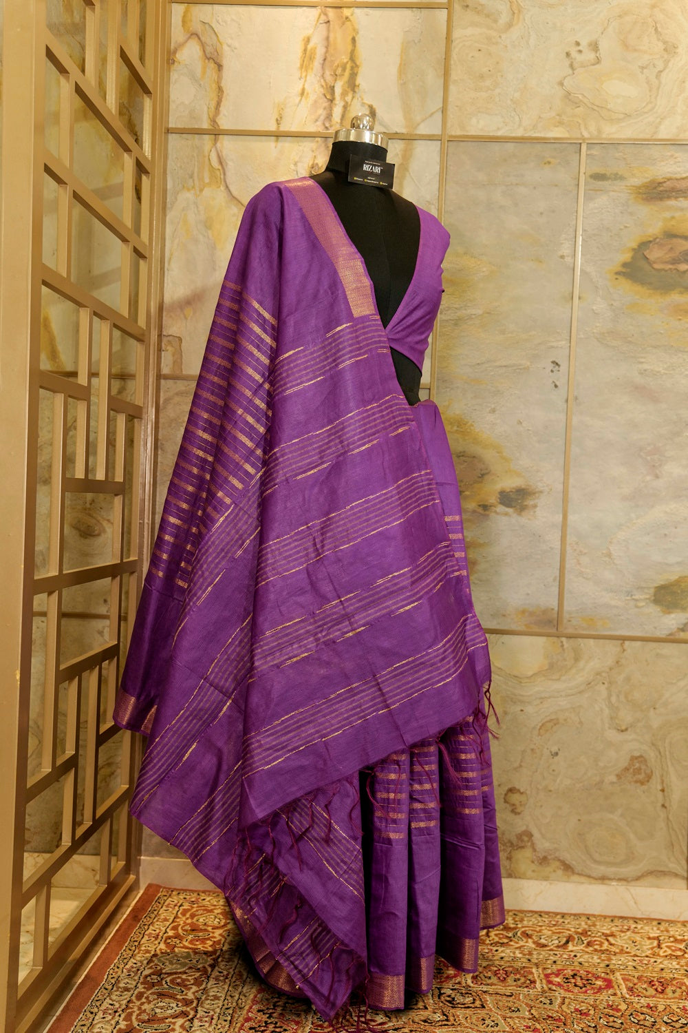 Purple Saree with Jari borders and horizontal Jari stripes and beautiful golden lining on Pallu with tasseled fringe