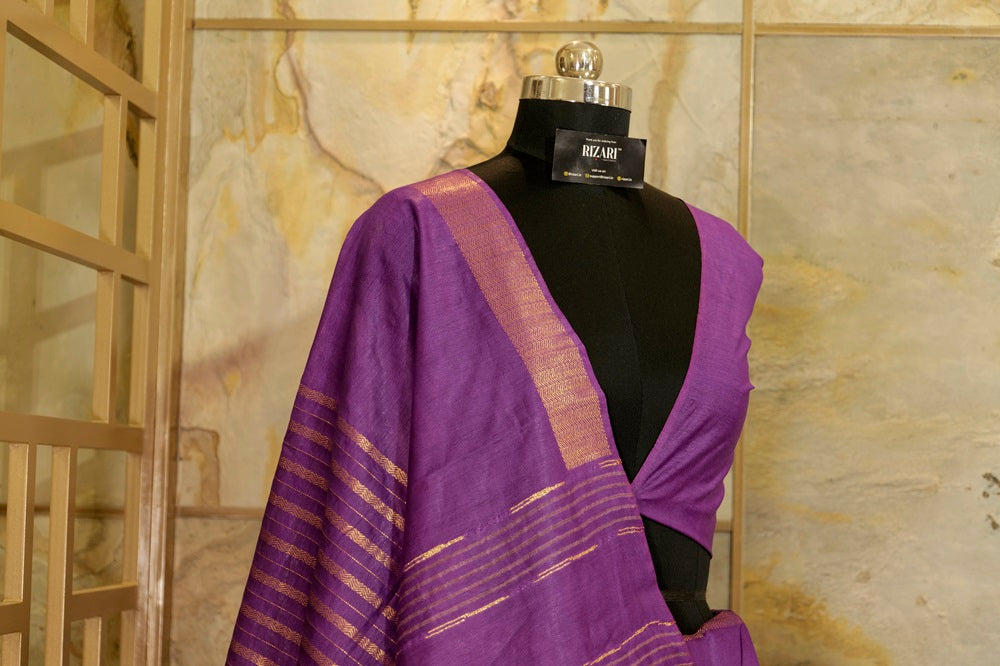 Purple Saree with Jari borders and horizontal Jari stripes and beautiful golden lining on Pallu with tasseled fringe