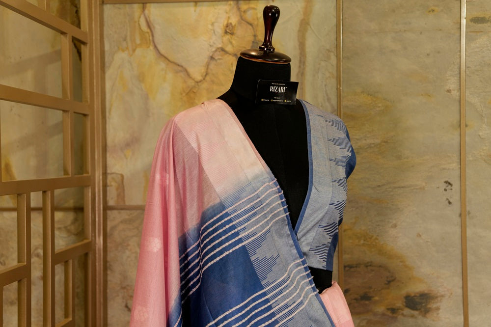 Pastel pink saree with Azure Blue Pallu and Border