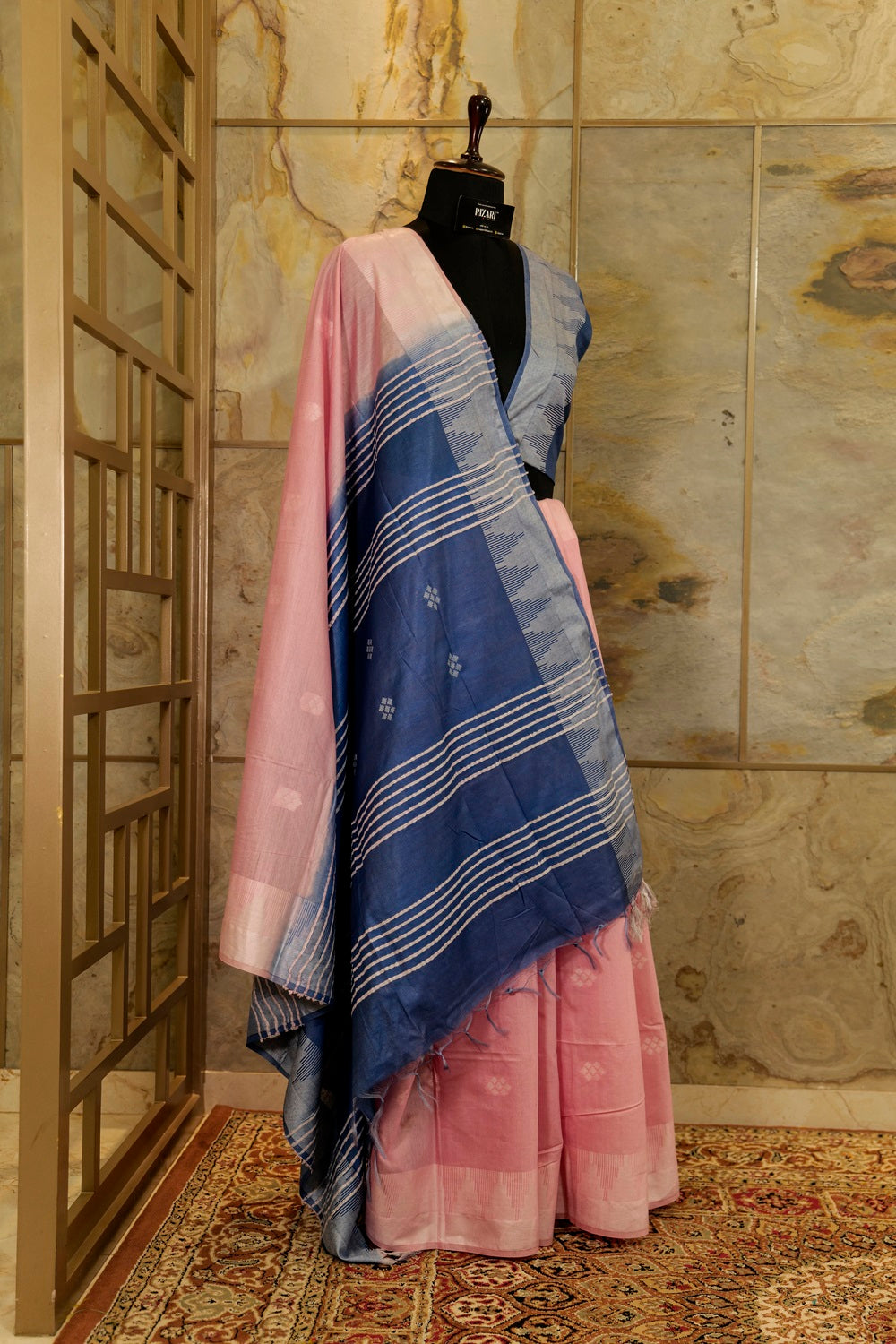 Pastel pink saree with Azure Blue Pallu and Border