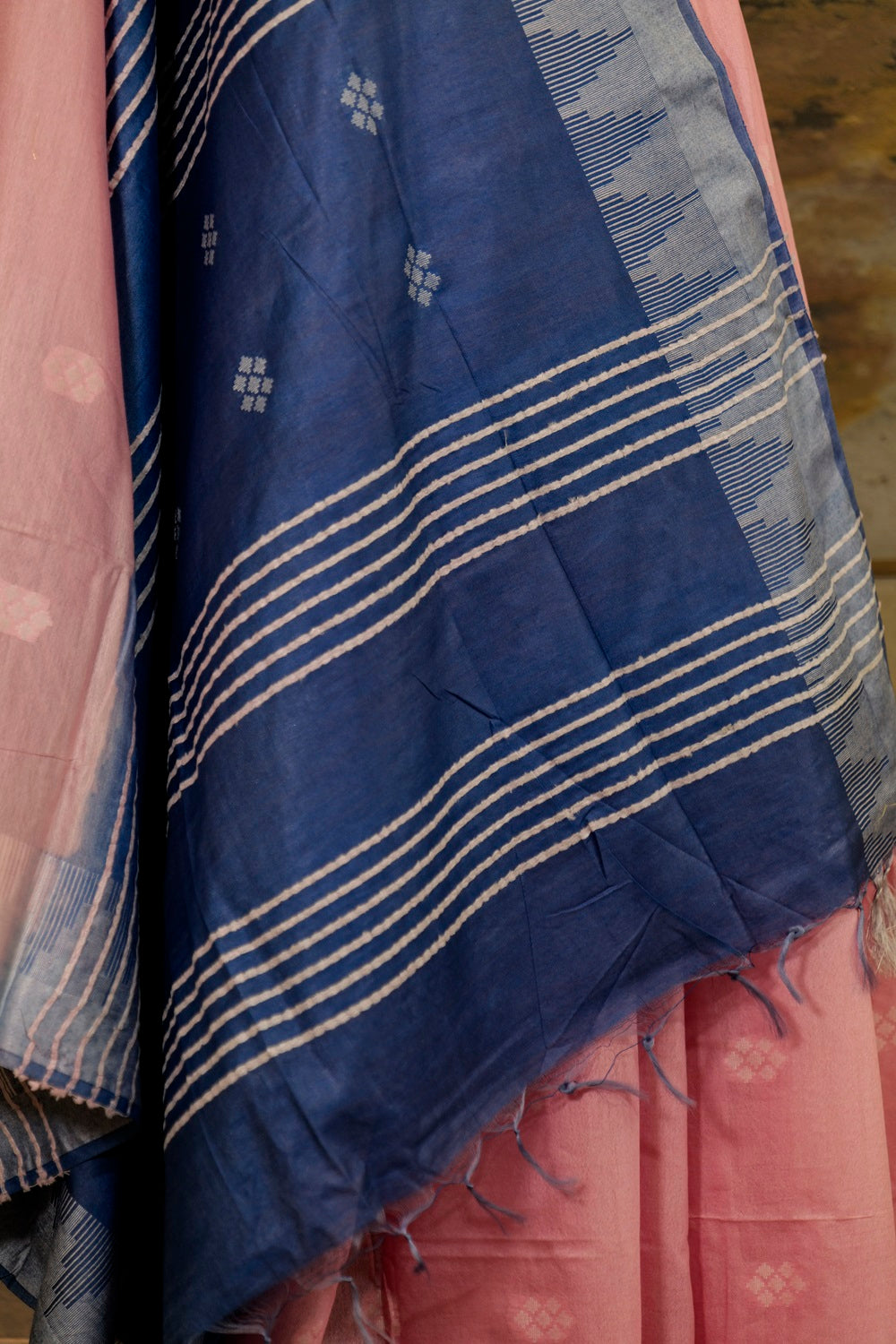 Pastel pink saree with Azure Blue Pallu and Border