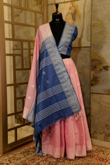 Pastel pink saree with Azure Blue Pallu and Border