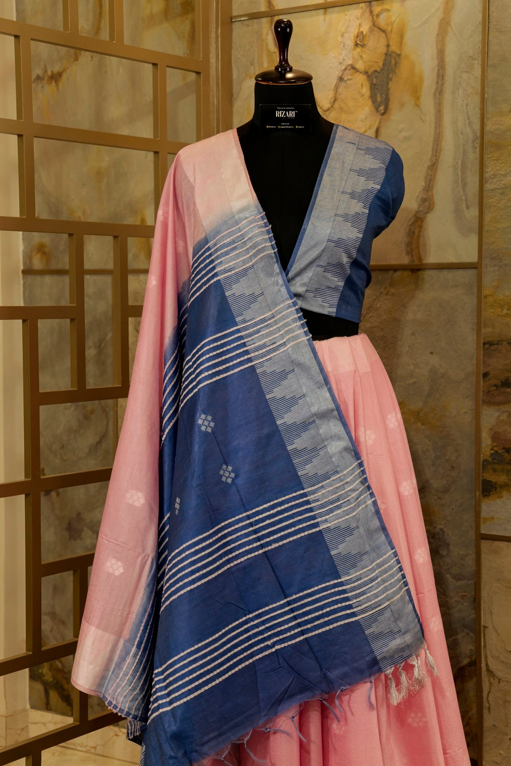 Pastel pink saree with Azure Blue Pallu and Border