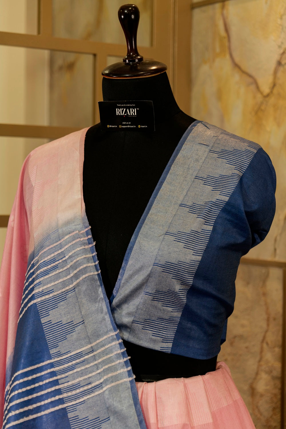 Pastel pink saree with Azure Blue Pallu and Border