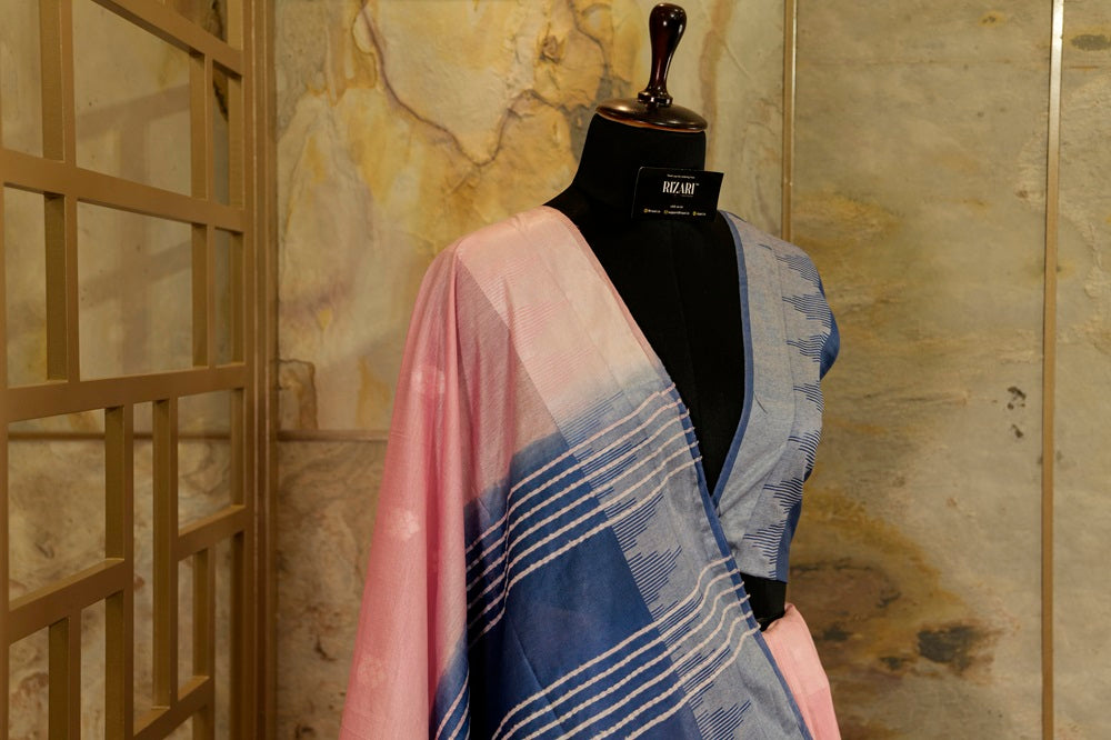 Pastel pink saree with Azure Blue Pallu and Border