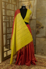 Crimson Saree with contrast bright yellow sequin Pallu