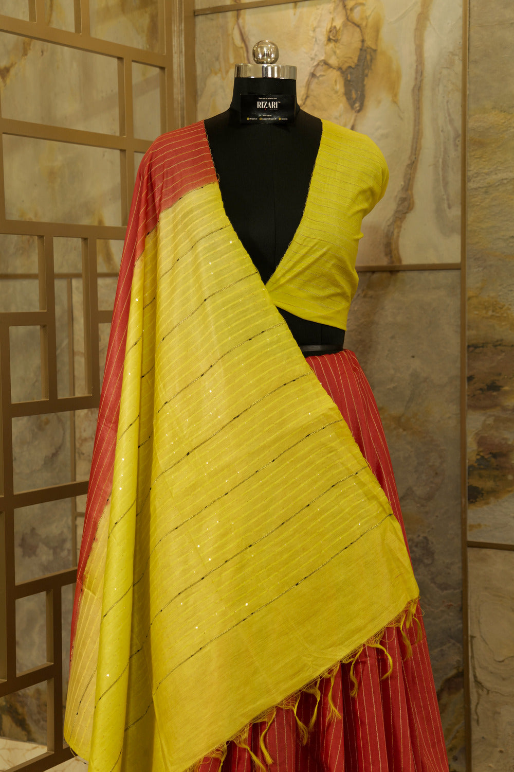 Crimson Saree with contrast bright yellow sequin Pallu