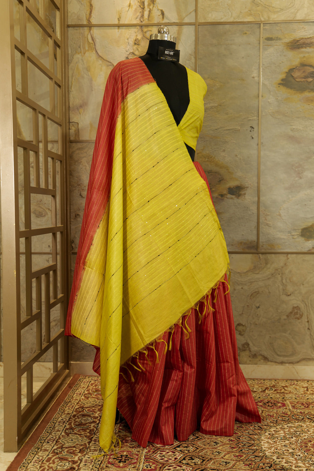 Crimson Saree with contrast bright yellow sequin Pallu