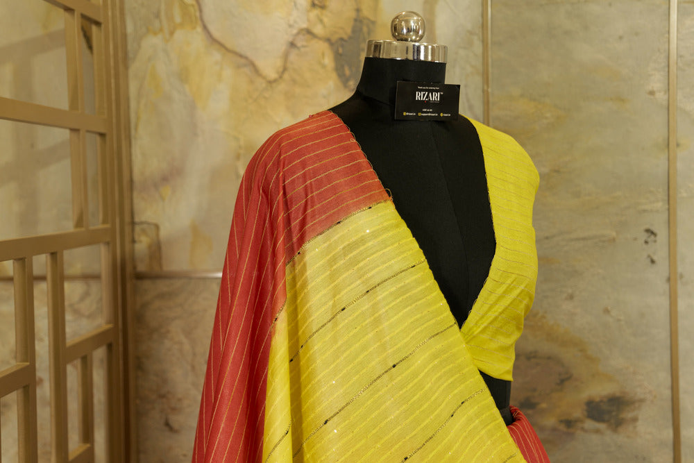 Crimson Saree with contrast bright yellow sequin Pallu