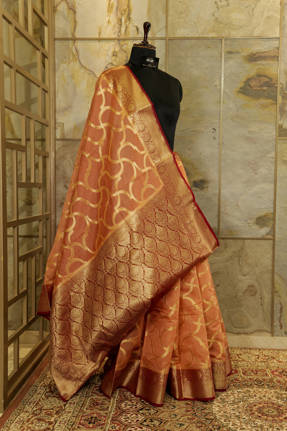 Dark Peach & Red Georgette Saree