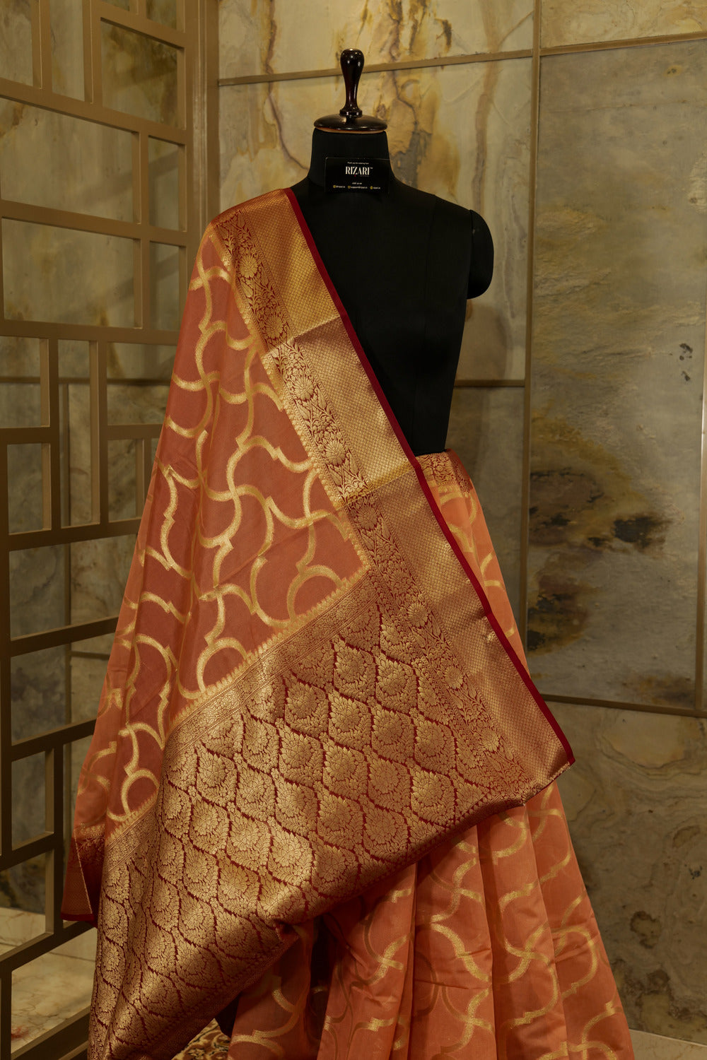 Dark Peach & Red Georgette Saree