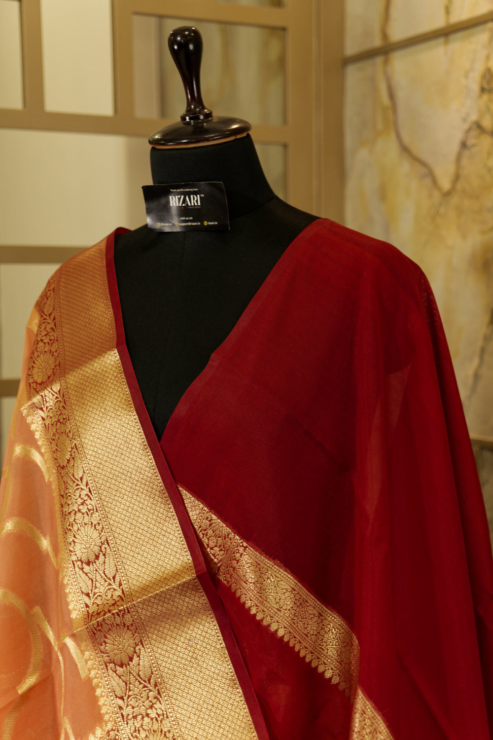 Dark Peach & Red Georgette Saree