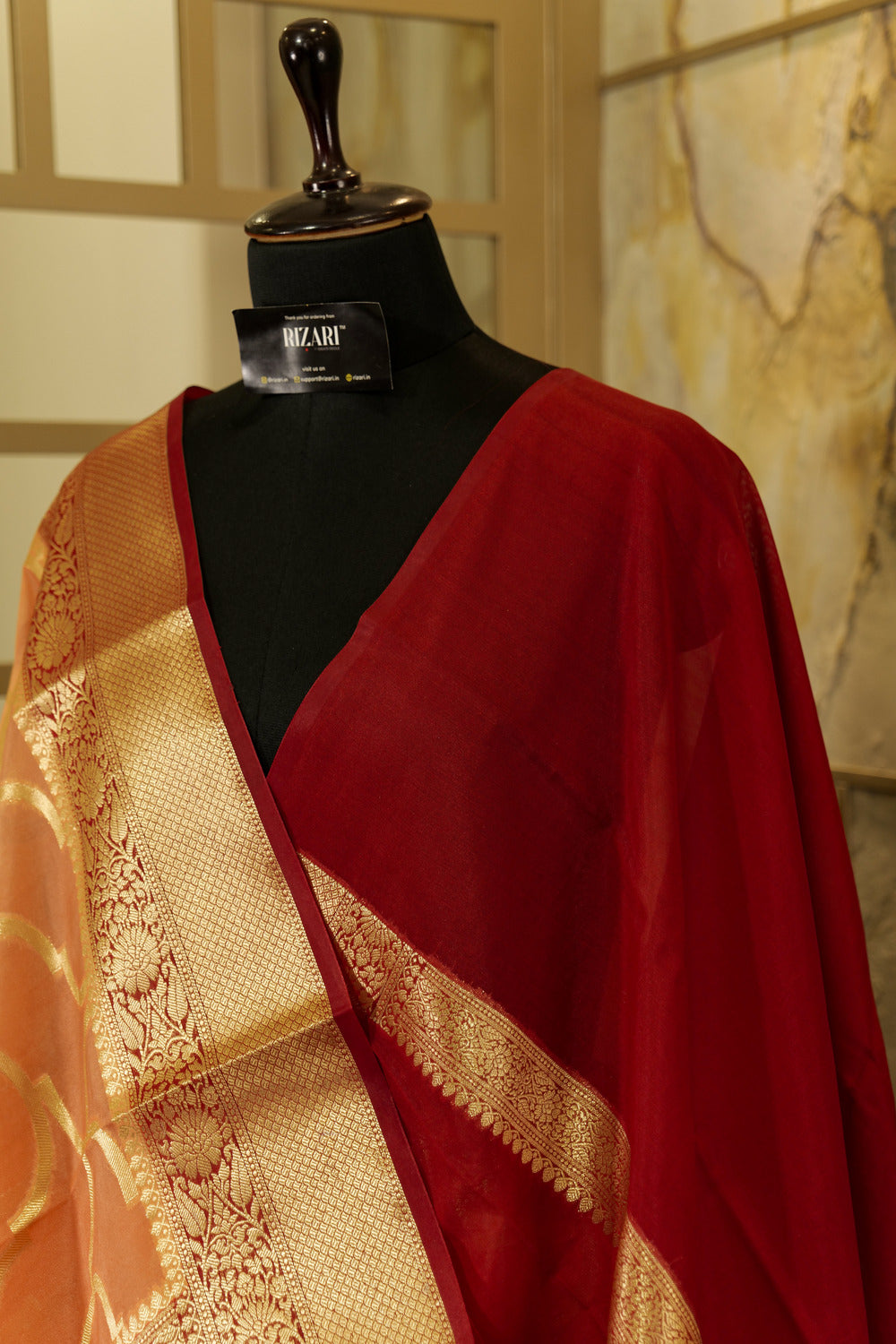 Dark Peach & Red Georgette Saree