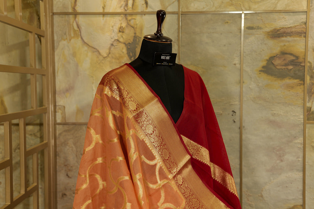 Dark Peach & Red Georgette Saree