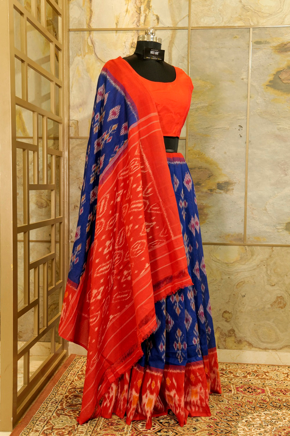 Ultramarine Blue and Red Pallu and Border Handwoven Ikat Pochampalli Sarees